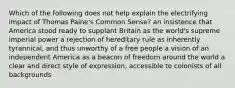 Which of the following does not help explain the electrifying impact of Thomas Paine's Common Sense? an insistence that America stood ready to supplant Britain as the world's supreme imperial power a rejection of hereditary rule as inherently tyrannical, and thus unworthy of a free people a vision of an independent America as a beacon of freedom around the world a clear and direct style of expression, accessible to colonists of all backgrounds