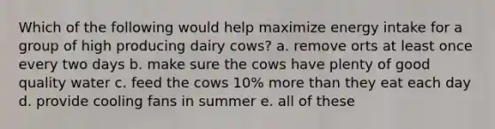 Which of the following would help maximize energy intake for a group of high producing dairy cows? a. remove orts at least once every two days b. make sure the cows have plenty of good quality water c. feed the cows 10% more than they eat each day d. provide cooling fans in summer e. all of these