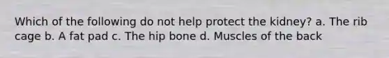 Which of the following do not help protect the kidney? a. The rib cage b. A fat pad c. The hip bone d. Muscles of the back