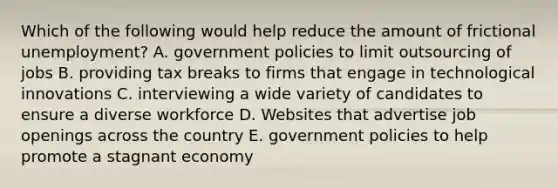 Which of the following would help reduce the amount of frictional unemployment? A. government policies to limit outsourcing of jobs B. providing tax breaks to firms that engage in technological innovations C. interviewing a wide variety of candidates to ensure a diverse workforce D. Websites that advertise job openings across the country E. government policies to help promote a stagnant economy