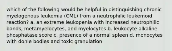 which of the following would be helpful in distinguishing chronic myelogenous leukemia (CML) from a neutrophilic leukemoid reaction? a. an extreme leukopenia with increased neutrophilic bands, metamyelocytes, and myelocytes b. leukocyte alkaline phosphatase score c. presence of a normal spleen d. monocytes with dohle bodies and toxic granulation