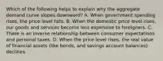 Which of the following helps to explain why the aggregate demand curve slopes​ downward? A. When government spending​ rises, the price level falls. B. When the domestic price level​ rises, our goods and services become less expensive to foreigners. C. There is an inverse relationship between consumer expectations and personal taxes. D. When the price level​ rises, the real value of financial assets​ (like bonds, and savings account​ balances) declines.