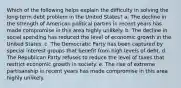 Which of the following helps explain the difficulty in solving the long-term debt problem in the United States? a. The decline in the strength of American political parties in recent years has made compromise in this area highly unlikely. b. The decline in social spending has reduced the level of economic growth in the United States. c. The Democratic Party has been captured by special interest groups that benefit from high levels of debt. d. The Republican Party refuses to reduce the level of taxes that restrict economic growth in society. e. The rise of extreme partisanship in recent years has made compromise in this area highly unlikely.