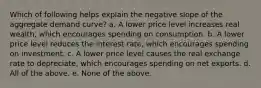 Which of following helps explain the negative slope of the aggregate demand curve? a. A lower price level increases real wealth, which encourages spending on consumption. b. A lower price level reduces the interest rate, which encourages spending on investment. c. A lower price level causes the real exchange rate to depreciate, which encourages spending on net exports. d. All of the above. e. None of the above.