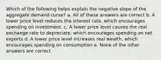 Which of the following helps explain the negative slope of the aggregate demand curve? a. All of these answers are correct b. A lower price level reduces the interest rate, which encourages spending on investment. c. A lower price level causes the real exchange rate to depreciate, which encourages spending on net exports d. A lower price level increases real wealth, which encourages spending on consumption e. None of the other answers are correct