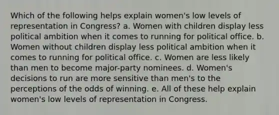 Which of the following helps explain women's low levels of representation in Congress? a. Women with children display less political ambition when it comes to running for political office. b. Women without children display less political ambition when it comes to running for political office. c. Women are less likely than men to become major-party nominees. d. Women's decisions to run are more sensitive than men's to the perceptions of the odds of winning. e. All of these help explain women's low levels of representation in Congress.