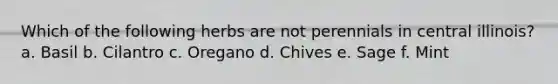 Which of the following herbs are not perennials in central illinois? a. Basil b. Cilantro c. Oregano d. Chives e. Sage f. Mint