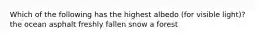 Which of the following has the highest albedo (for visible light)? the ocean asphalt freshly fallen snow a forest