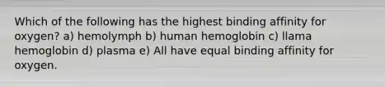 Which of the following has the highest binding affinity for oxygen? a) hemolymph b) human hemoglobin c) llama hemoglobin d) plasma e) All have equal binding affinity for oxygen.