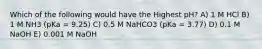 Which of the following would have the Highest pH? A) 1 M HCl B) 1 M NH3 (pKa = 9.25) C) 0.5 M NaHCO3 (pKa = 3.77) D) 0.1 M NaOH E) 0.001 M NaOH