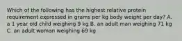 Which of the following has the highest relative protein requirement expressed in grams per kg body weight per day? A. a 1 year old child weighing 9 kg B. an adult man weighing 71 kg C. an adult woman weighing 69 kg