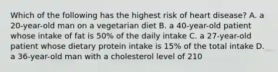 Which of the following has the highest risk of heart disease? A. a 20-year-old man on a vegetarian diet B. a 40-year-old patient whose intake of fat is 50% of the daily intake C. a 27-year-old patient whose dietary protein intake is 15% of the total intake D. a 36-year-old man with a cholesterol level of 210