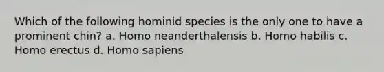 Which of the following hominid species is the only one to have a prominent chin? a. Homo neanderthalensis b. <a href='https://www.questionai.com/knowledge/kG3hgw3hYa-homo-habilis' class='anchor-knowledge'>homo habilis</a> c. <a href='https://www.questionai.com/knowledge/kI1ONx7LAC-homo-erectus' class='anchor-knowledge'>homo erectus</a> d. <a href='https://www.questionai.com/knowledge/k9aqcXDhxN-homo-sapiens' class='anchor-knowledge'>homo sapiens</a>