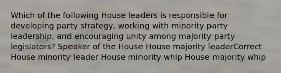 Which of the following House leaders is responsible for developing party strategy, working with minority party leadership, and encouraging unity among majority party legislators? Speaker of the House House majority leaderCorrect House minority leader House minority whip House majority whip