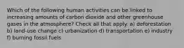 Which of the following human activities can be linked to increasing amounts of carbon dioxide and other greenhouse gases in the atmosphere? Check all that apply. a) deforestation b) land-use change c) urbanization d) transportation e) industry f) burning fossil fuels