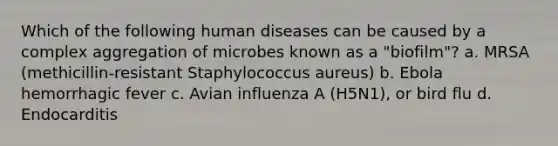 Which of the following human diseases can be caused by a complex aggregation of microbes known as a "biofilm"? a. MRSA (methicillin-resistant Staphylococcus aureus) b. Ebola hemorrhagic fever c. Avian influenza A (H5N1), or bird flu d. Endocarditis