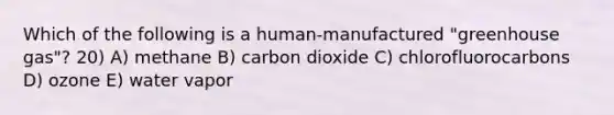 Which of the following is a human-manufactured "greenhouse gas"? 20) A) methane B) carbon dioxide C) chlorofluorocarbons D) ozone E) water vapor