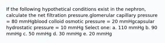 If the following hypothetical conditions exist in the nephron, calculate the net filtration pressure.glomerular capillary pressure = 80 mmHgblood colloid osmotic pressure = 20 mmHgcapsular hydrostatic pressure = 10 mmHg Select one: a. 110 mmHg b. 90 mmHg c. 50 mmHg d. 30 mmHg e. 20 mmHg