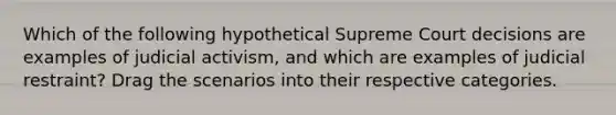 Which of the following hypothetical Supreme Court decisions are examples of judicial activism, and which are examples of judicial restraint? Drag the scenarios into their respective categories.