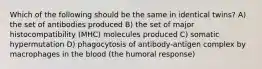 Which of the following should be the same in identical twins? A) the set of antibodies produced B) the set of major histocompatibility (MHC) molecules produced C) somatic hypermutation D) phagocytosis of antibody-antigen complex by macrophages in the blood (the humoral response)