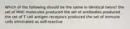 Which of the following should be the same in identical twins? the set of MHC molecules produced the set of antibodies produced the set of T cell antigen receptors produced the set of immune cells eliminated as self-reactive