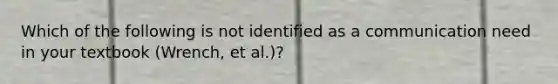 Which of the following is not identified as a communication need in your textbook (Wrench, et al.)?