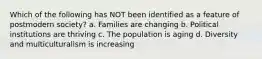 Which of the following has NOT been identified as a feature of postmodern society? a. Families are changing b. Political institutions are thriving c. The population is aging d. Diversity and multiculturalism is increasing