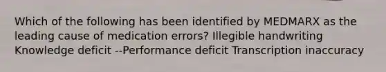 Which of the following has been identified by MEDMARX as the leading cause of medication errors? Illegible handwriting Knowledge deficit --Performance deficit Transcription inaccuracy