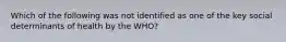 Which of the following was not identified as one of the key social determinants of health by the WHO?