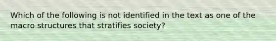 Which of the following is not identified in the text as one of the macro structures that stratifies society?