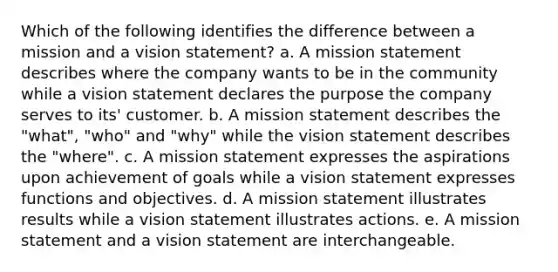 Which of the following identifies the difference between a mission and a vision statement? a. A mission statement describes where the company wants to be in the community while a vision statement declares the purpose the company serves to its' customer. b. A mission statement describes the "what", "who" and "why" while the vision statement describes the "where". c. A mission statement expresses the aspirations upon achievement of goals while a vision statement expresses functions and objectives. d. A mission statement illustrates results while a vision statement illustrates actions. e. A mission statement and a vision statement are interchangeable.