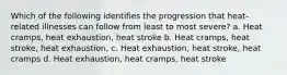 Which of the following identifies the progression that heat-related illnesses can follow from least to most severe? a. Heat cramps, heat exhaustion, heat stroke b. Heat cramps, heat stroke, heat exhaustion, c. Heat exhaustion, heat stroke, heat cramps d. Heat exhaustion, heat cramps, heat stroke