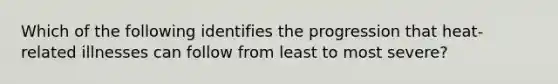 Which of the following identifies the progression that heat-related illnesses can follow from least to most severe?