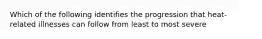 Which of the following identifies the progression that heat-related illnesses can follow from least to most severe