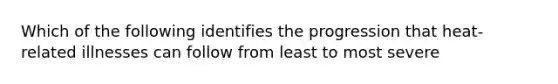 Which of the following identifies the progression that heat-related illnesses can follow from least to most severe
