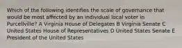 Which of the following identifies the scale of governance that would be most affected by an individual local voter in Purcellville? A Virginia House of Delegates B Virginia Senate C United States House of Representatives D United States Senate E President of the United States