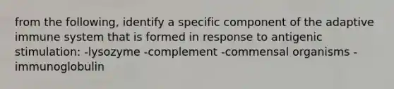 from the following, identify a specific component of the adaptive immune system that is formed in response to antigenic stimulation: -lysozyme -complement -commensal organisms -immunoglobulin