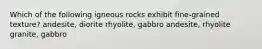 Which of the following igneous rocks exhibit fine-grained texture? andesite, diorite rhyolite, gabbro andesite, rhyolite granite, gabbro