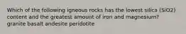 Which of the following igneous rocks has the lowest silica (SiO2) content and the greatest amount of iron and magnesium? granite basalt andesite peridotite