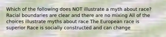 Which of the following does NOT illustrate a myth about race? Racial boundaries are clear and there are no mixing All of the choices illustrate myths about race The European race is superior Race is socially constructed and can change