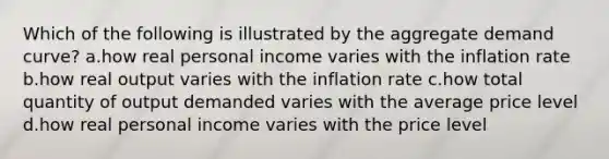 Which of the following is illustrated by the aggregate demand curve? a.how real personal income varies with the inflation rate b.how real output varies with the inflation rate c.how total quantity of output demanded varies with the average price level d.how real personal income varies with the price level