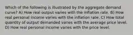 Which of the following is illustrated by the aggregate demand curve? A) How real output varies with the inflation rate. B) How real personal income varies with the inflation rate. C) How total quantity of output demanded varies with the average price level. D) How real personal income varies with the price level.
