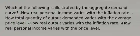 Which of the following is illustrated by the aggregate demand curve? -How real personal income varies with the inflation rate. -How total quantity of output demanded varies with the average price level. -How real output varies with the inflation rate. -How real personal income varies with the price level.