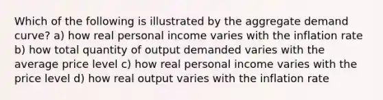 Which of the following is illustrated by the aggregate demand curve? a) how real personal income varies with the inflation rate b) how total quantity of output demanded varies with the average price level c) how real personal income varies with the price level d) how real output varies with the inflation rate