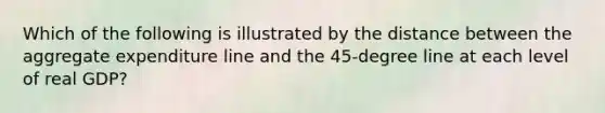 Which of the following is illustrated by the distance between the aggregate expenditure line and the 45-degree line at each level of real GDP?