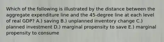 Which of the following is illustrated by the distance between the aggregate expenditure line and the 45-degree line at each level of real GDP? A.) saving B.) unplanned inventory change C.) planned investment D.) marginal propensity to save E.) marginal propensity to consume