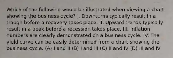 Which of the following would be illustrated when viewing a chart showing the business cycle? I. Downturns typically result in a trough before a recovery takes place. II. Upward trends typically result in a peak before a recession takes place. III. Inflation numbers are clearly demonstrated on a business cycle. IV. The yield curve can be easily determined from a chart showing the business cycle. (A) I and II (B) I and III (C) II and IV (D) III and IV