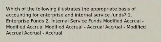 Which of the following illustrates the appropriate basis of accounting for enterprise and internal service funds? 1. Enterprise Funds 2. Internal Service Funds Modified Accrual - Modified Accrual Modified Accrual - Accrual Accrual - Modified Accrual Accrual - Accrual