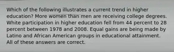 Which of the following illustrates a current trend in higher education? More women than men are receiving college degrees. White participation in higher education fell from 44 percent to 28 percent between 1978 and 2008. Equal gains are being made by Latino and African American groups in educational attainment. All of these answers are correct.