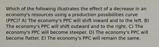 Which of the following illustrates the effect of a decrease in an economy's resources using a production possibilities curve (PPC)? A) The economy's PPC will shift inward and to the left. B) The economy's PPC will shift outward and to the right. C) The economy's PPC will become steeper. D) The economy's PPC will become flatter. E) The economy's PPC will remain the same.